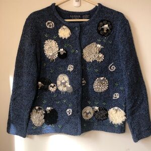 Rainbow Bridge Embellished Sheep Lamb cardigan vintage blue button up wool blend